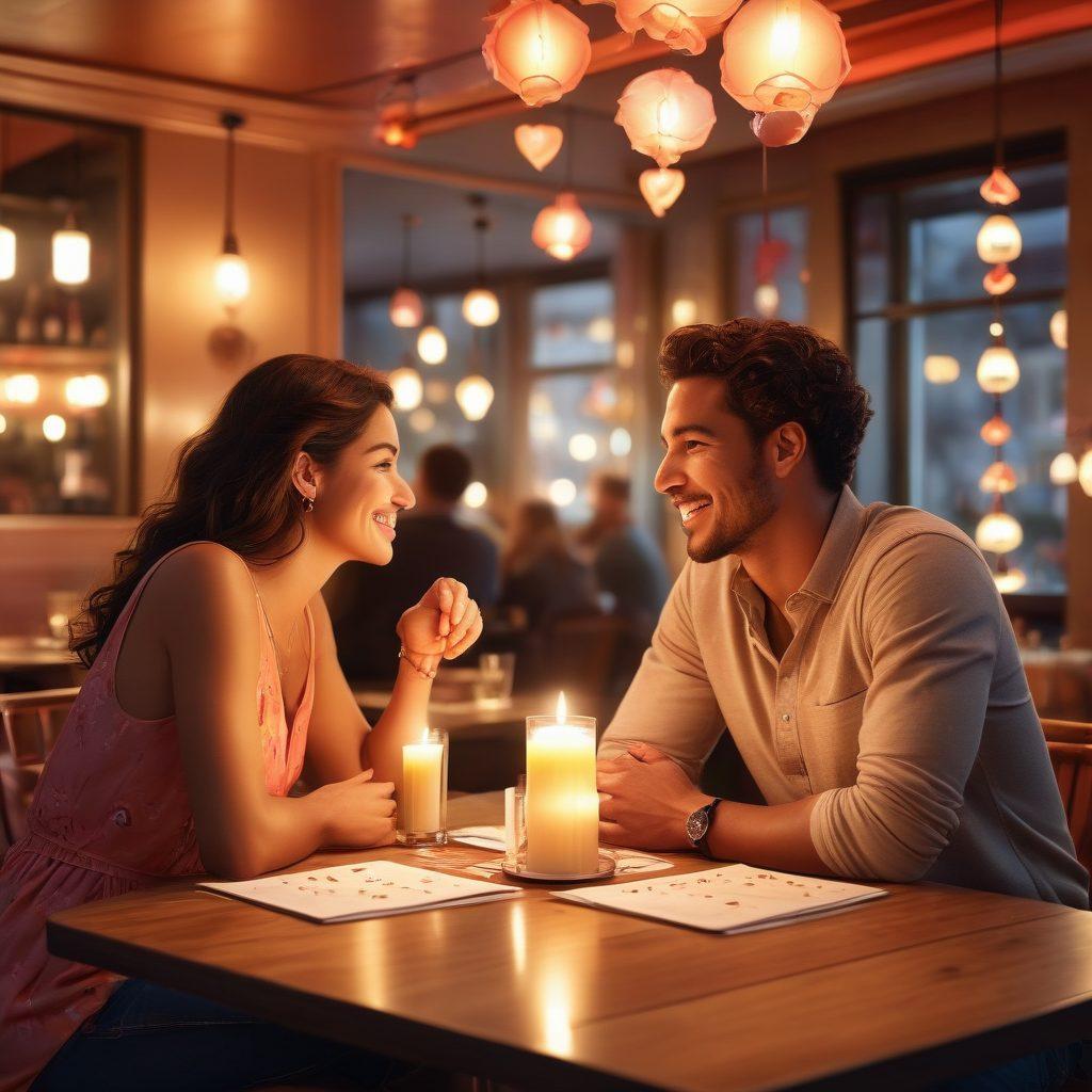 A diverse group of couples engaging in various emotional conversations at a cozy café, with visual symbols of emotional intelligence like heart and brain icons floating around. One couple shares a deep gaze, while another is laughing together, embodying the complexities of dating. Soft colors evoke a warm, inviting atmosphere. The background features abstract illustrations of seduction elements, like roses and candlelight. vibran colors. super-realistic. ethereal lighting.