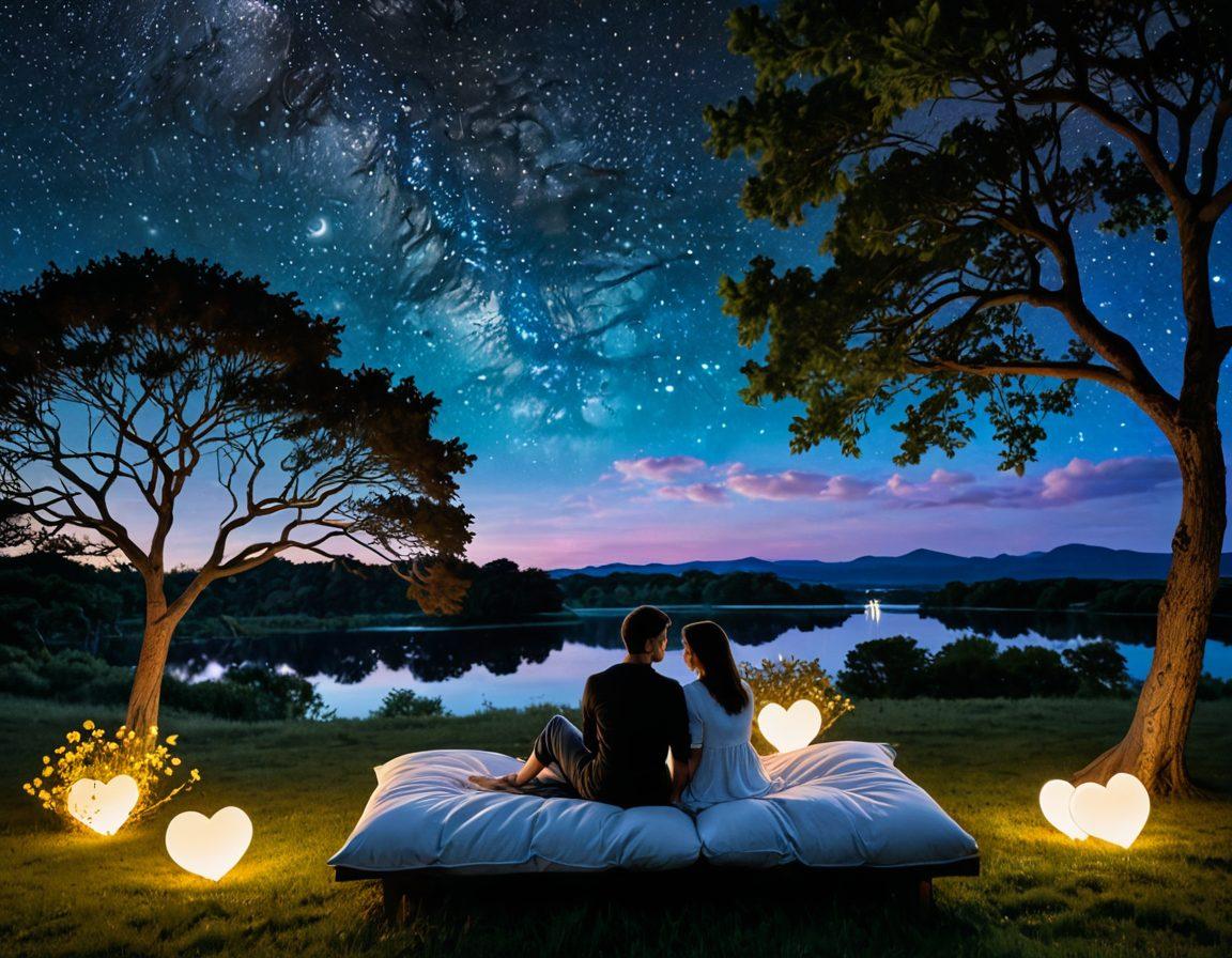 A romantic scene depicting a couple engaged in heartfelt conversations under a starry night sky, with soft glowing lights around them symbolizing connection and warmth. Surround them with elements representing love, such as intertwined hearts, flowers, and soft cushions for comfort. The background features hints of nature, like trees and a moonlit landscape, enhancing the serene atmosphere. Use vibrant colors to evoke emotion and warmth. super-realistic. vibrant colors. night-time setting.