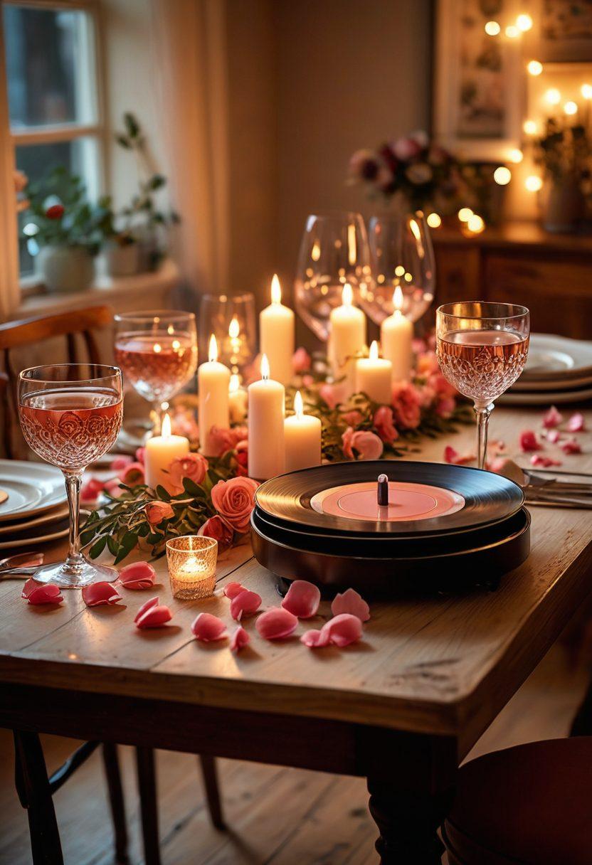 A romantic candlelit dinner setting, featuring a beautifully set table with vintage cutlery and elegant wine glasses, soft rose petals scattered across the tabletop, and a warm glow from flickering candles. In the background, a vintage vinyl record player spins a smooth romantic tune, with an intimate ambiance created by soft-focus fairy lights. The colors should evoke warmth and nostalgia, emphasizing classic romance. super-realistic. warm colors. elegant ambiance.